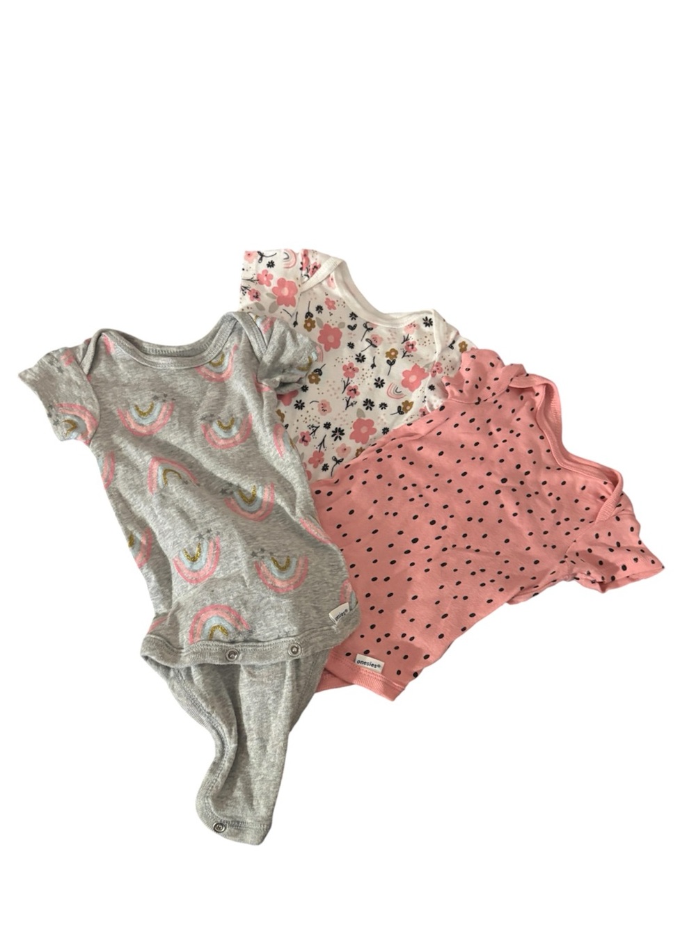 3-Pack Baby Girls Short Sleeve Bodysuits in Pink, Gray & Floral Preloved 0-3 M
